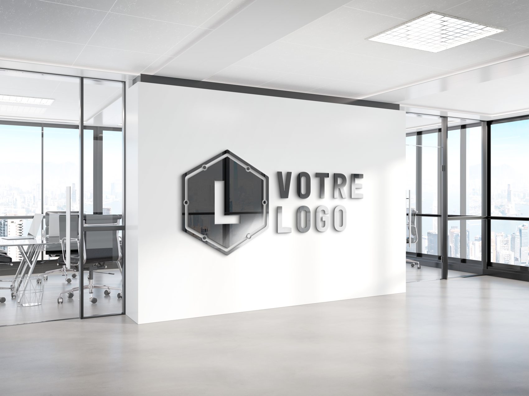 Mockup de logo d’entreprise en relief installé sur mur intérieur de bureaux modernes