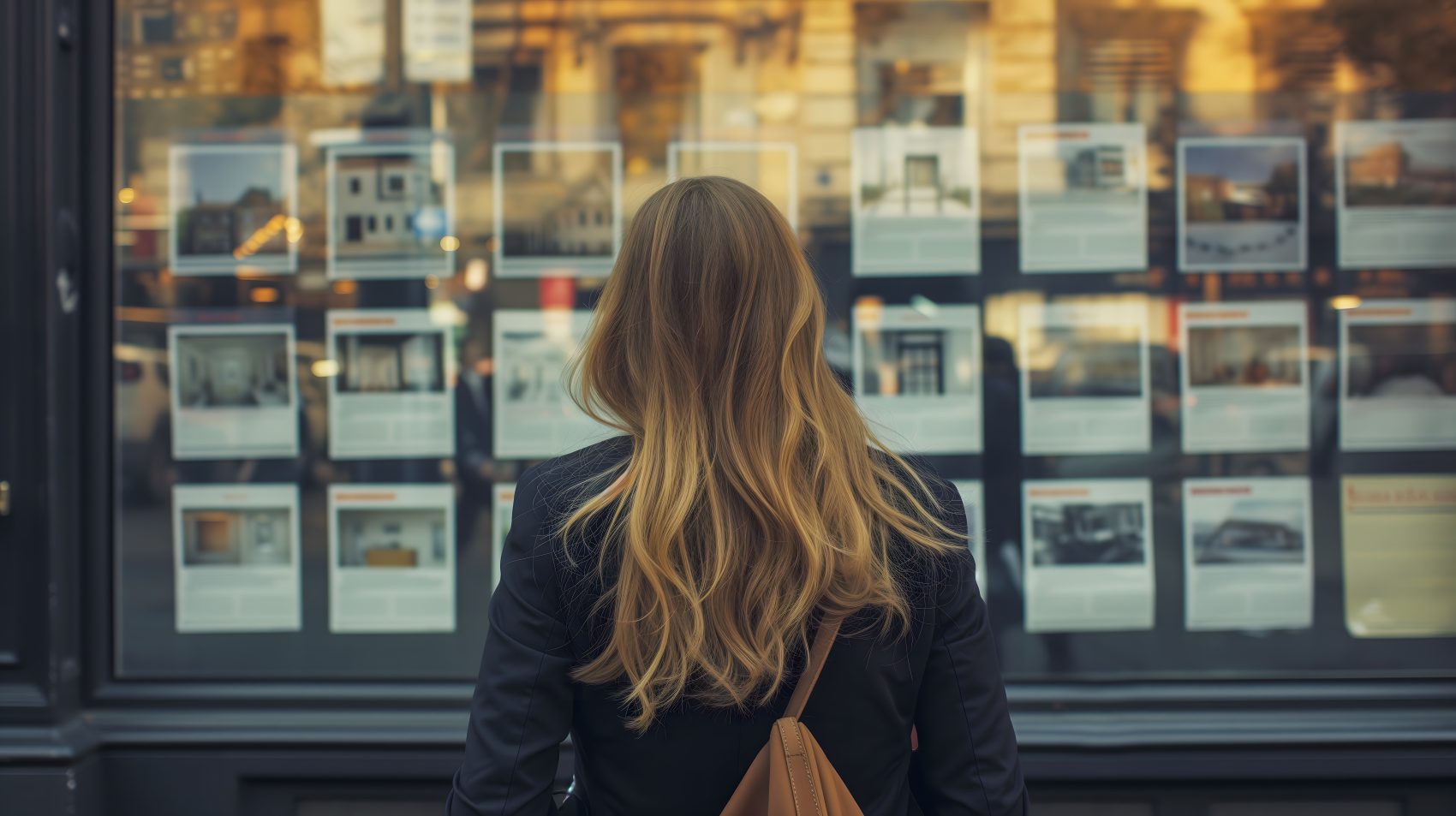 Femme regardant les annonces immobilières affichées dans la vitrine d’une agence