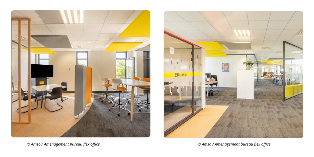 ménagement intérieur de bureaux flex office modernes avec signalétique personnalisée et éléments acoustiques colorés
